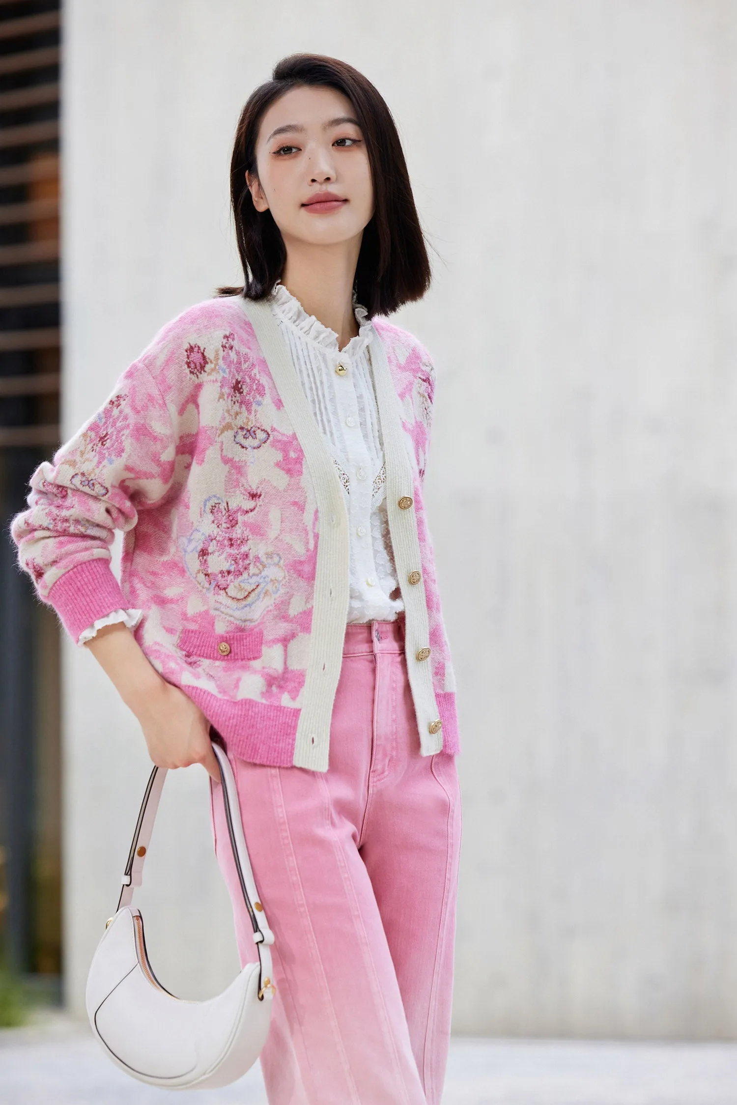 EP YAYING Embroidered Short Knit Cardigan