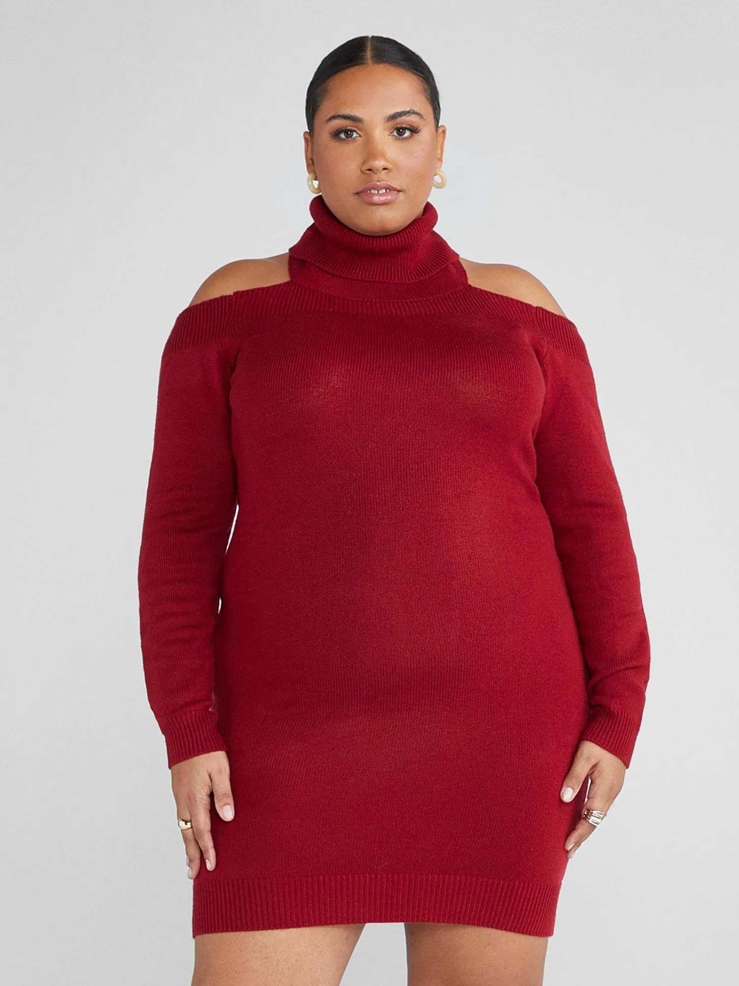 Fashion To Figure - Adela Cold Shoulder Turtleneck Sweater Dress