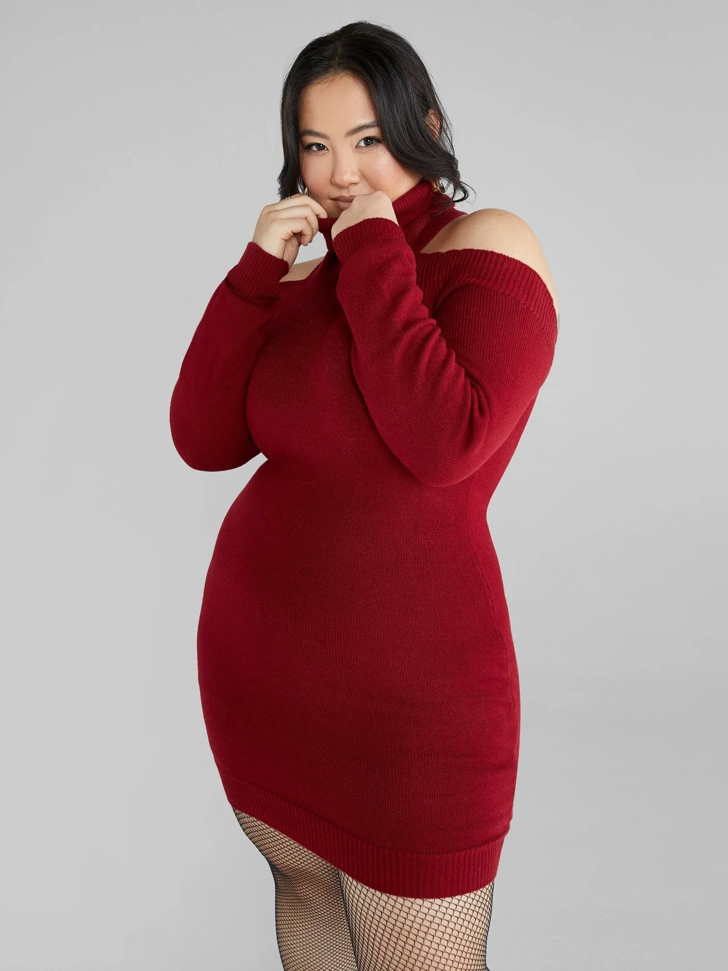 Fashion To Figure - Adela Cold Shoulder Turtleneck Sweater Dress