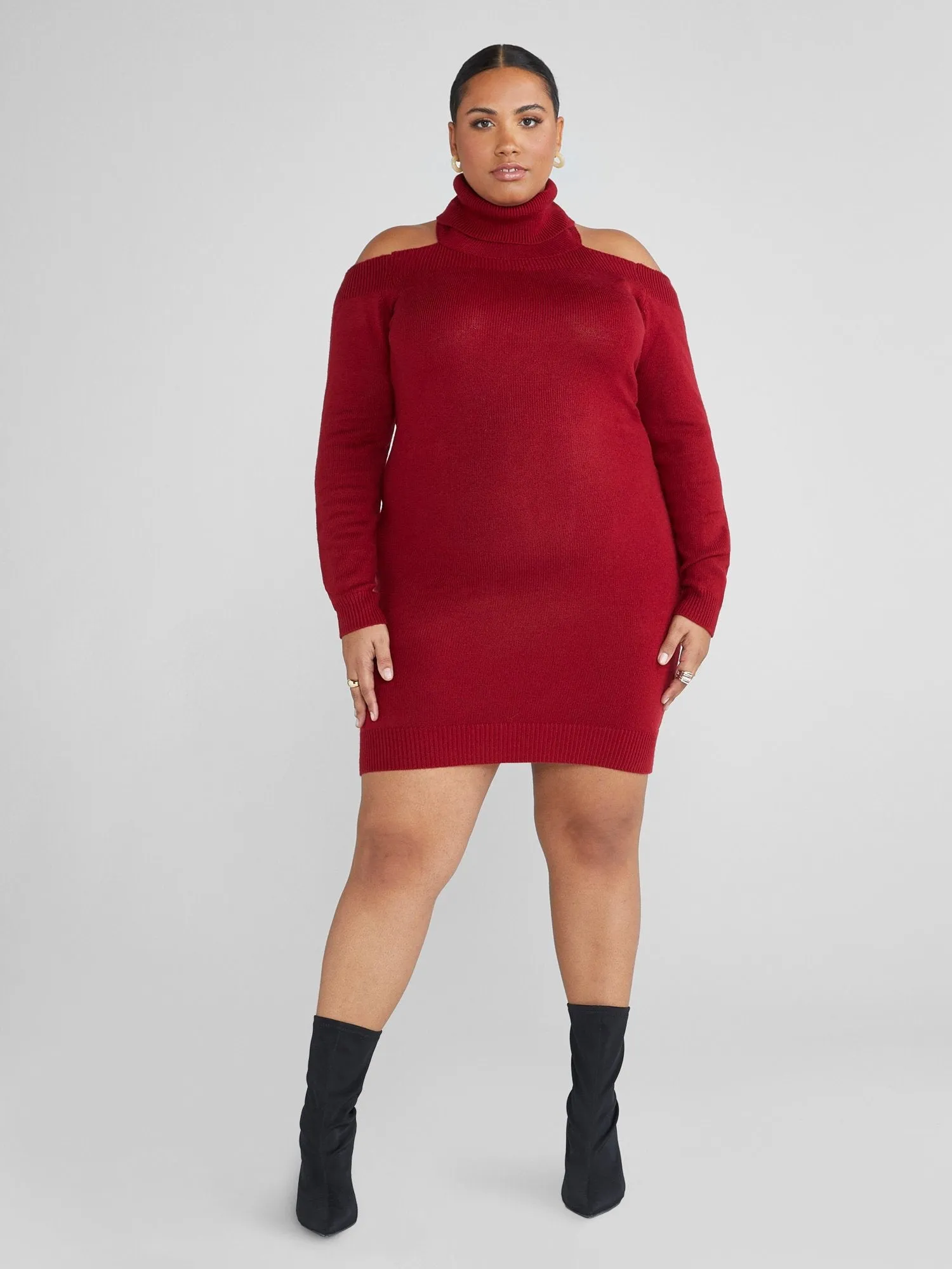 Fashion To Figure - Adela Cold Shoulder Turtleneck Sweater Dress