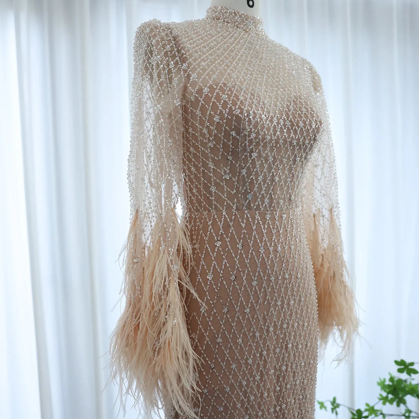 Feather Embellished Evening Gown with Long Sleeves