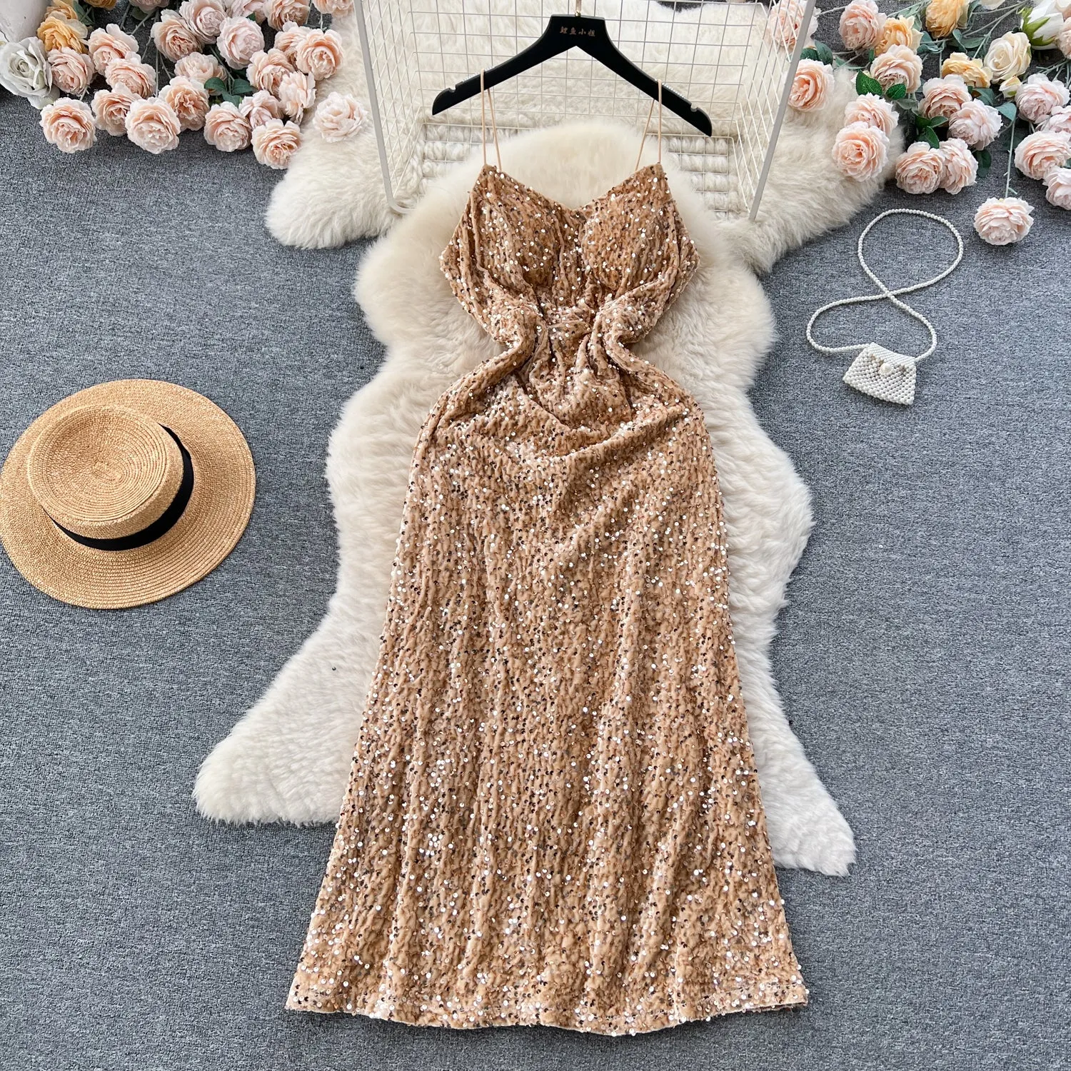 French Style Sequined Suede Slip Dress