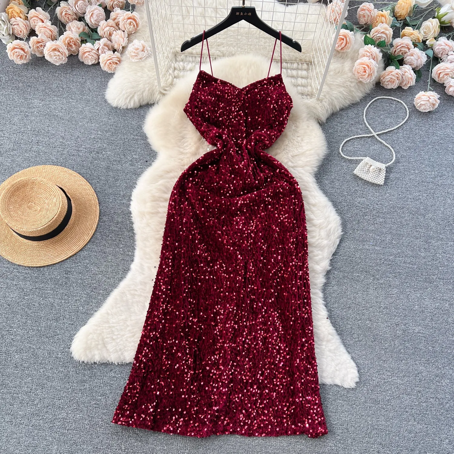 French Style Sequined Suede Slip Dress