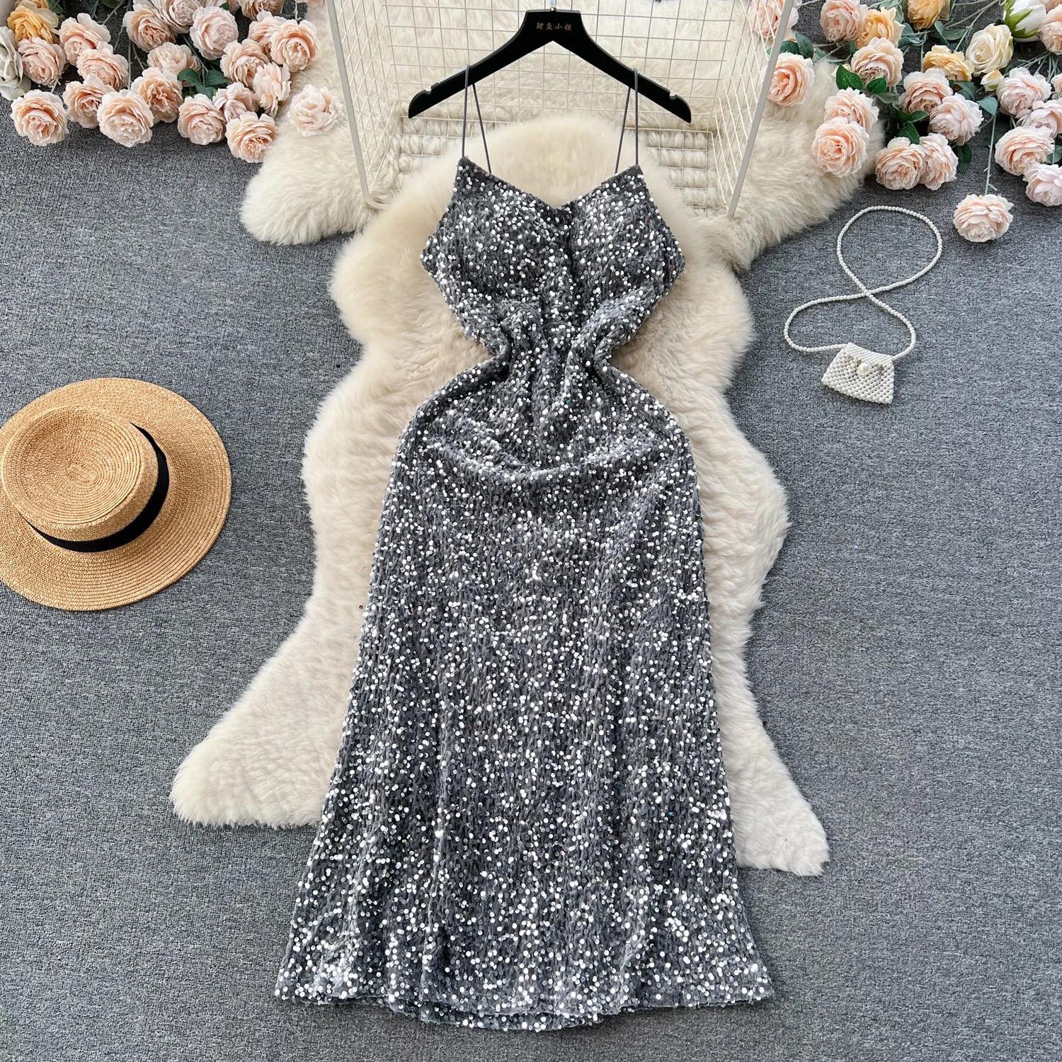 French Style Sequined Suede Slip Dress