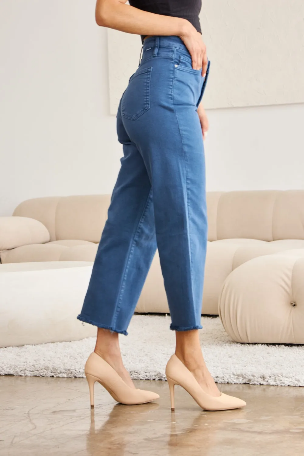 Full Size Tummy Control High Waist Raw Hem Jeans Blue Slate