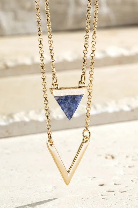 Gold Triangle Natural Stone Charm & Chevron Necklace