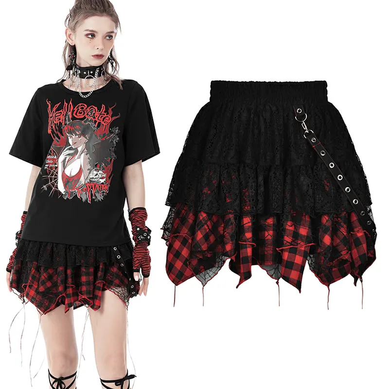 Gothic Irregular Layered Skirt with Plaid and Lace Details