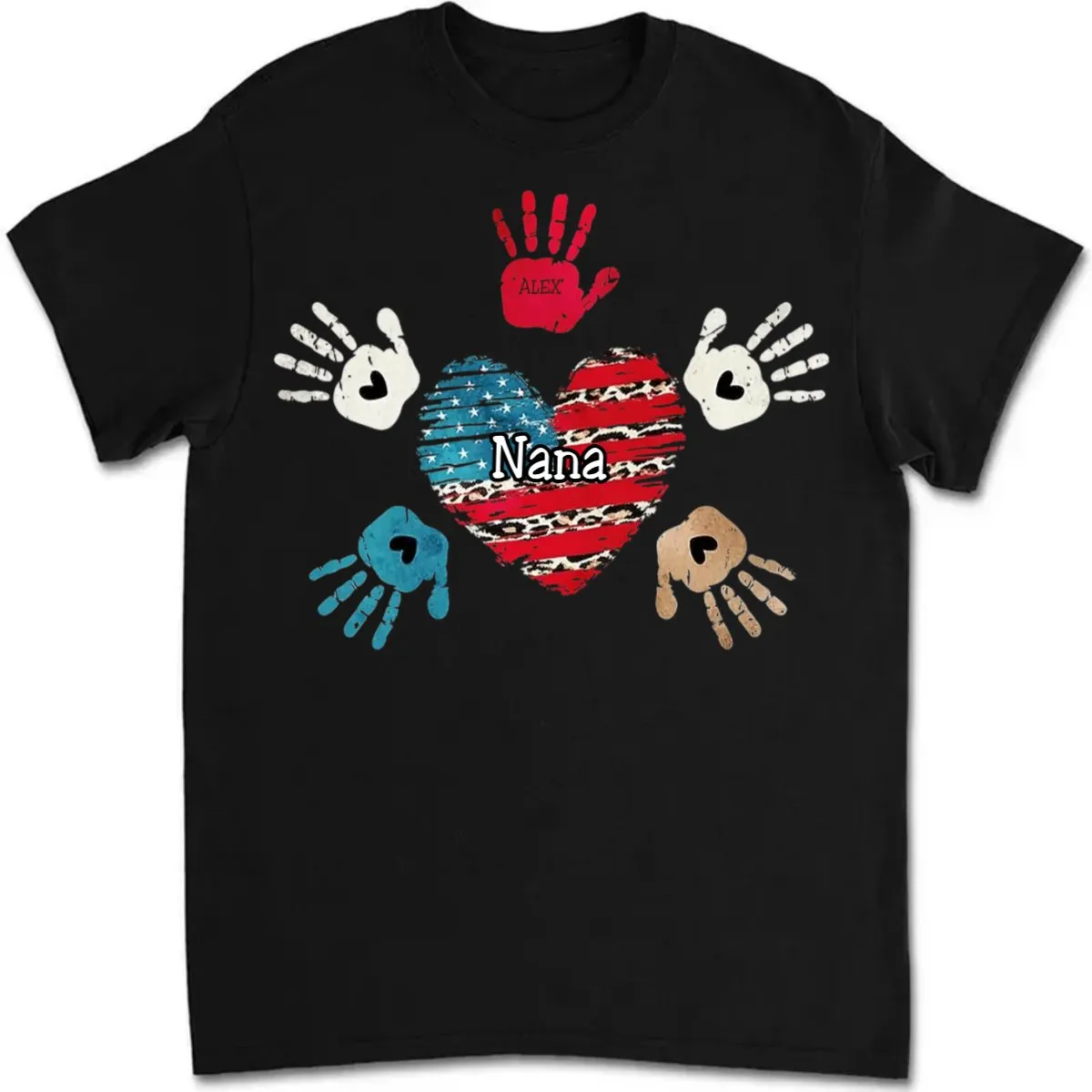 Grandma - 4th of July Leopard Nana Mom Kids Heart Hand To Hand - Personalized T-Shirt