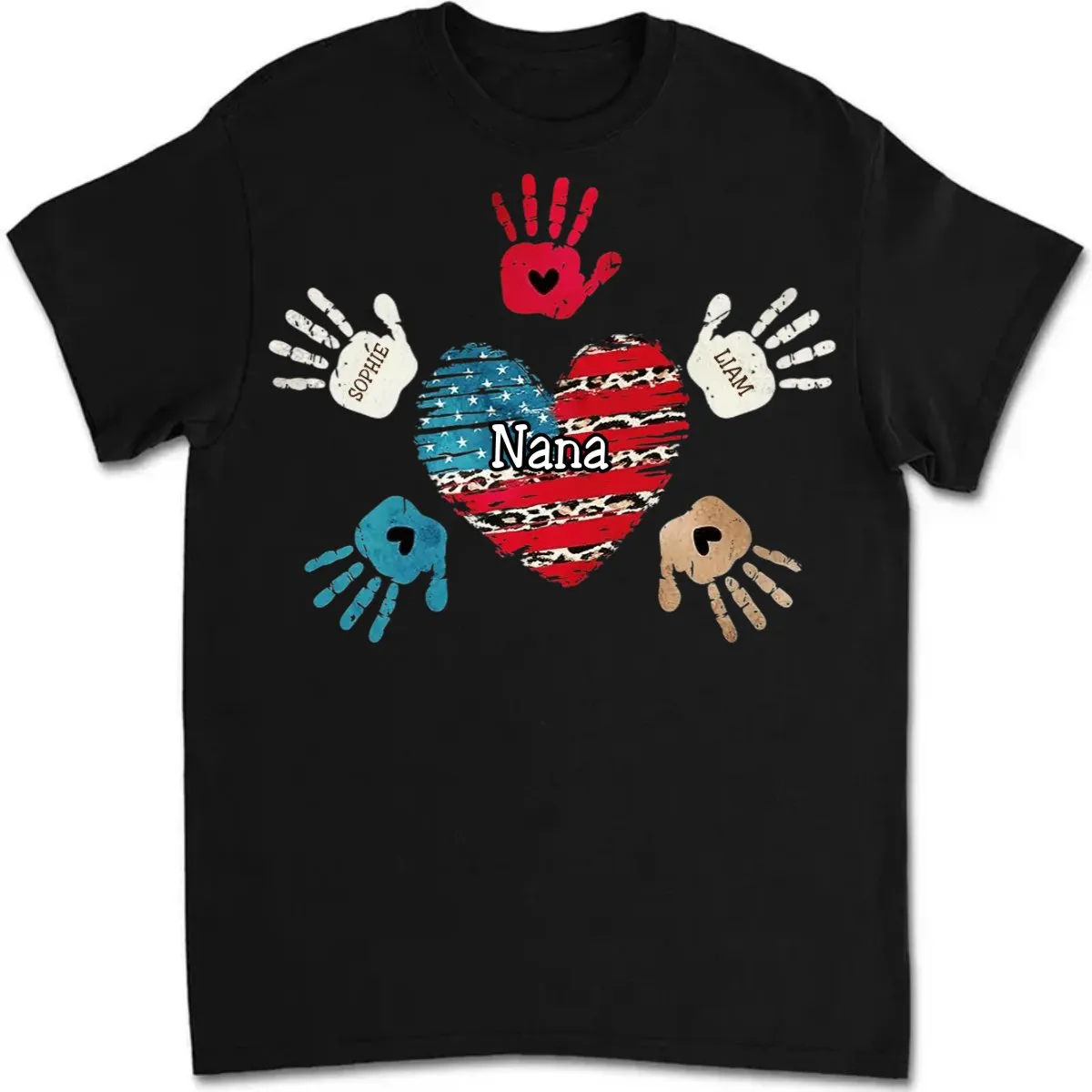 Grandma - 4th of July Leopard Nana Mom Kids Heart Hand To Hand - Personalized T-Shirt