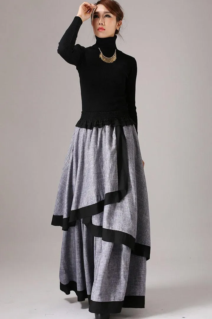 Gray long skirt linen maxi skirt layered skirt 0771#