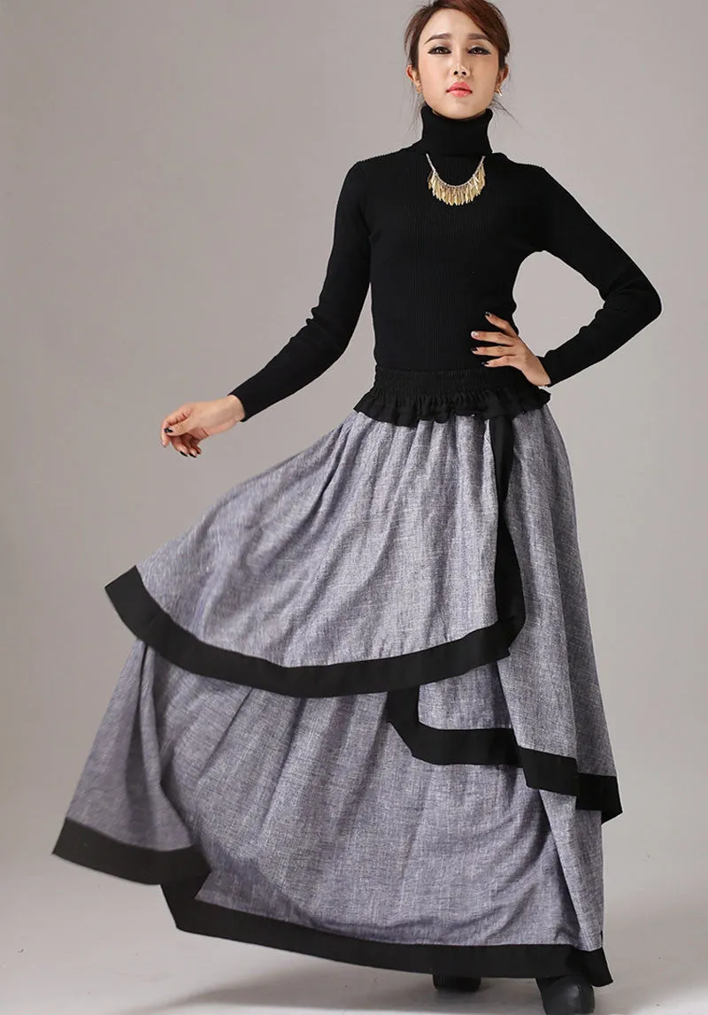 Gray long skirt linen maxi skirt layered skirt 0771#