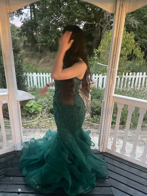 Green Mermaid Spaghetti Straps Prom Dress Green Evening Gown     fg4990