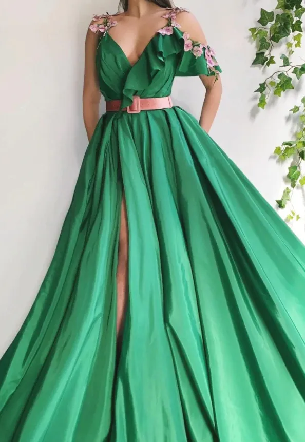 Green Satin Flower High Split Side Cold Shoulder Appliques Formal Gowns      fg571