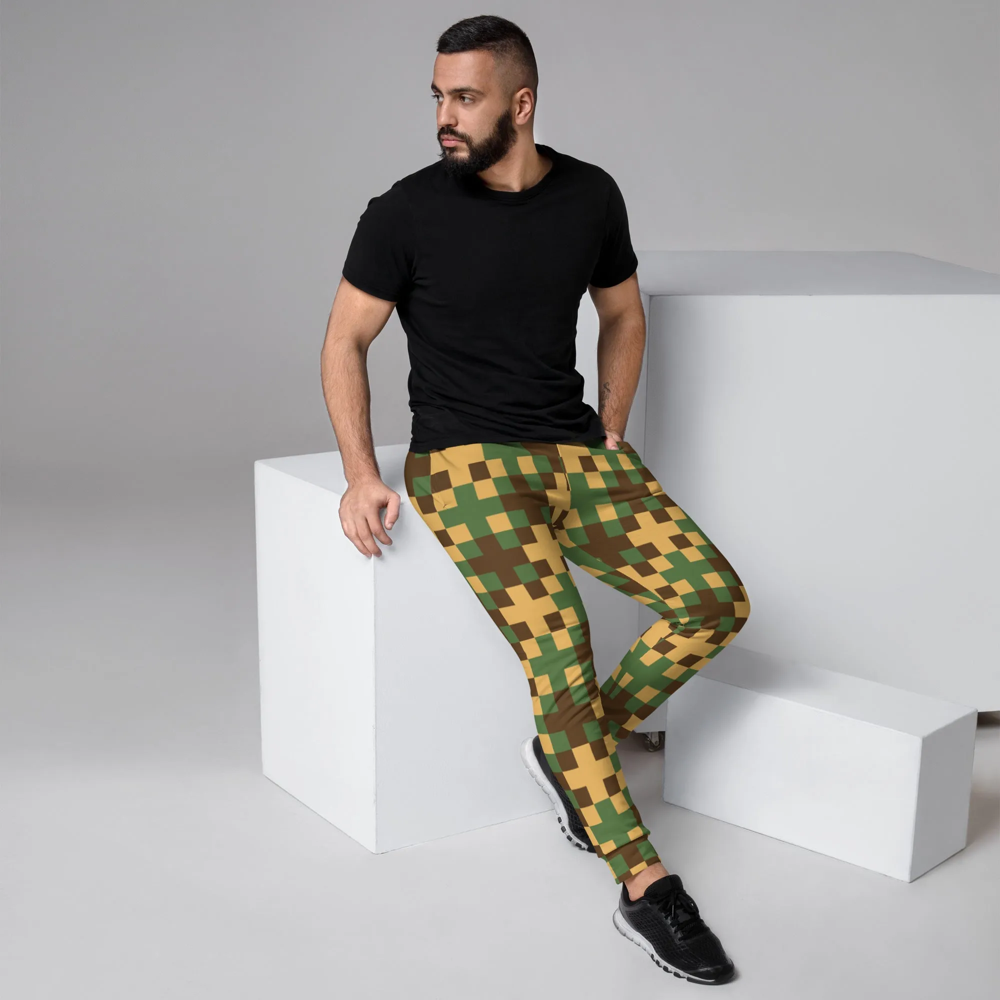 Green Yellow Cross Men's Joggers, Pixelated Abstract Print Designer Slim-Fit Ultra Soft Comfy Men's Pants - Made in USA/EU/MX