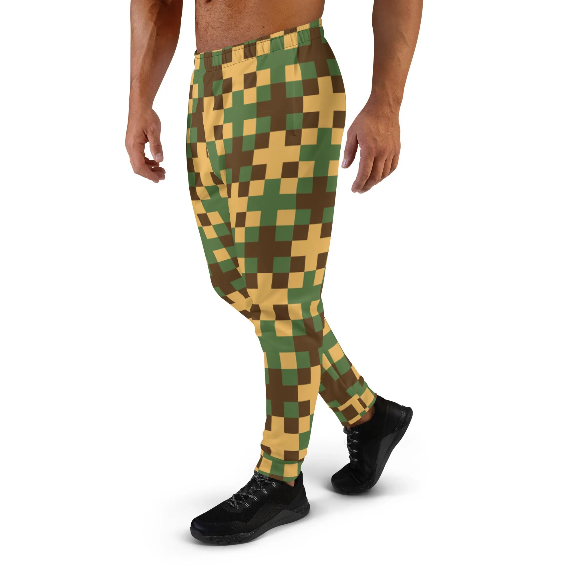 Green Yellow Cross Men's Joggers, Pixelated Abstract Print Designer Slim-Fit Ultra Soft Comfy Men's Pants - Made in USA/EU/MX