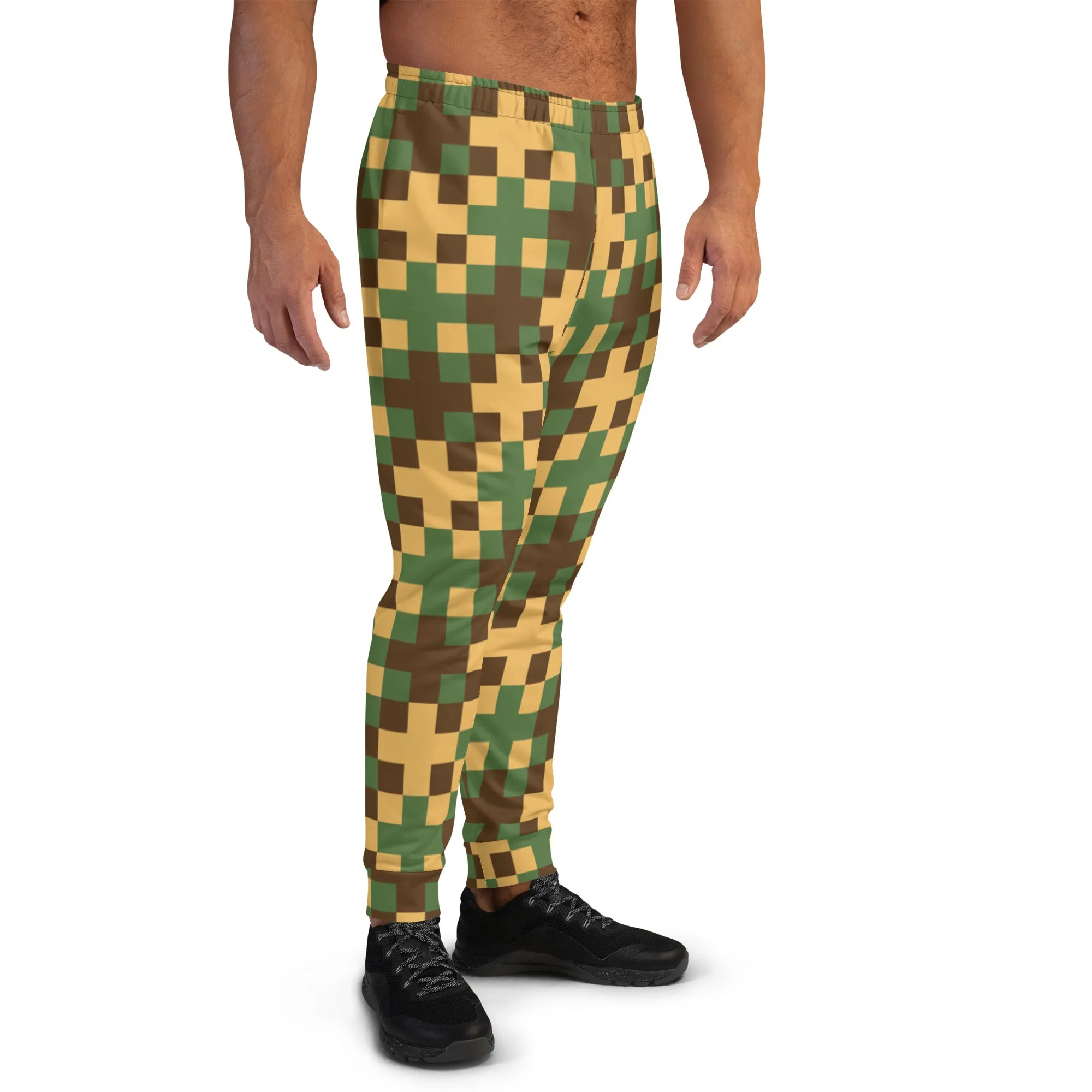 Green Yellow Cross Men's Joggers, Pixelated Abstract Print Designer Slim-Fit Ultra Soft Comfy Men's Pants - Made in USA/EU/MX