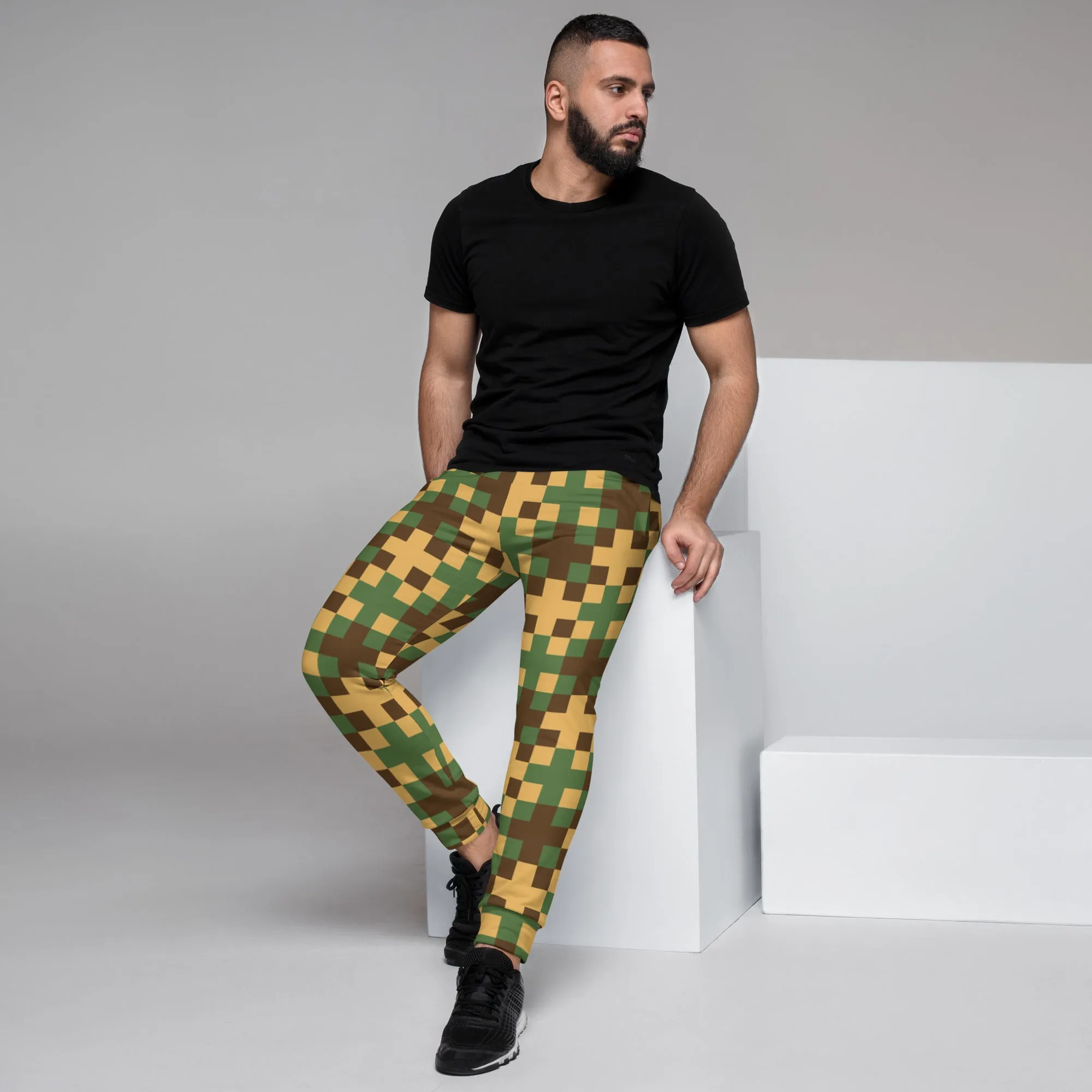 Green Yellow Cross Men's Joggers, Pixelated Abstract Print Designer Slim-Fit Ultra Soft Comfy Men's Pants - Made in USA/EU/MX