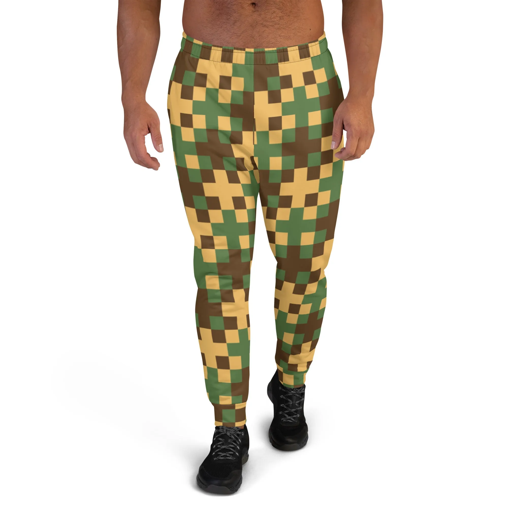 Green Yellow Cross Men's Joggers, Pixelated Abstract Print Designer Slim-Fit Ultra Soft Comfy Men's Pants - Made in USA/EU/MX