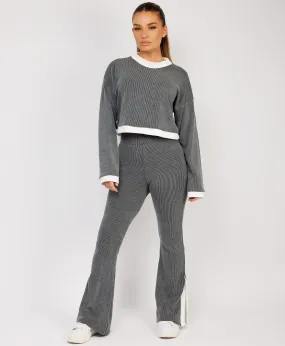 Grey Contrast Stripe Jumper & Split Detail Trousers Loungewear Set