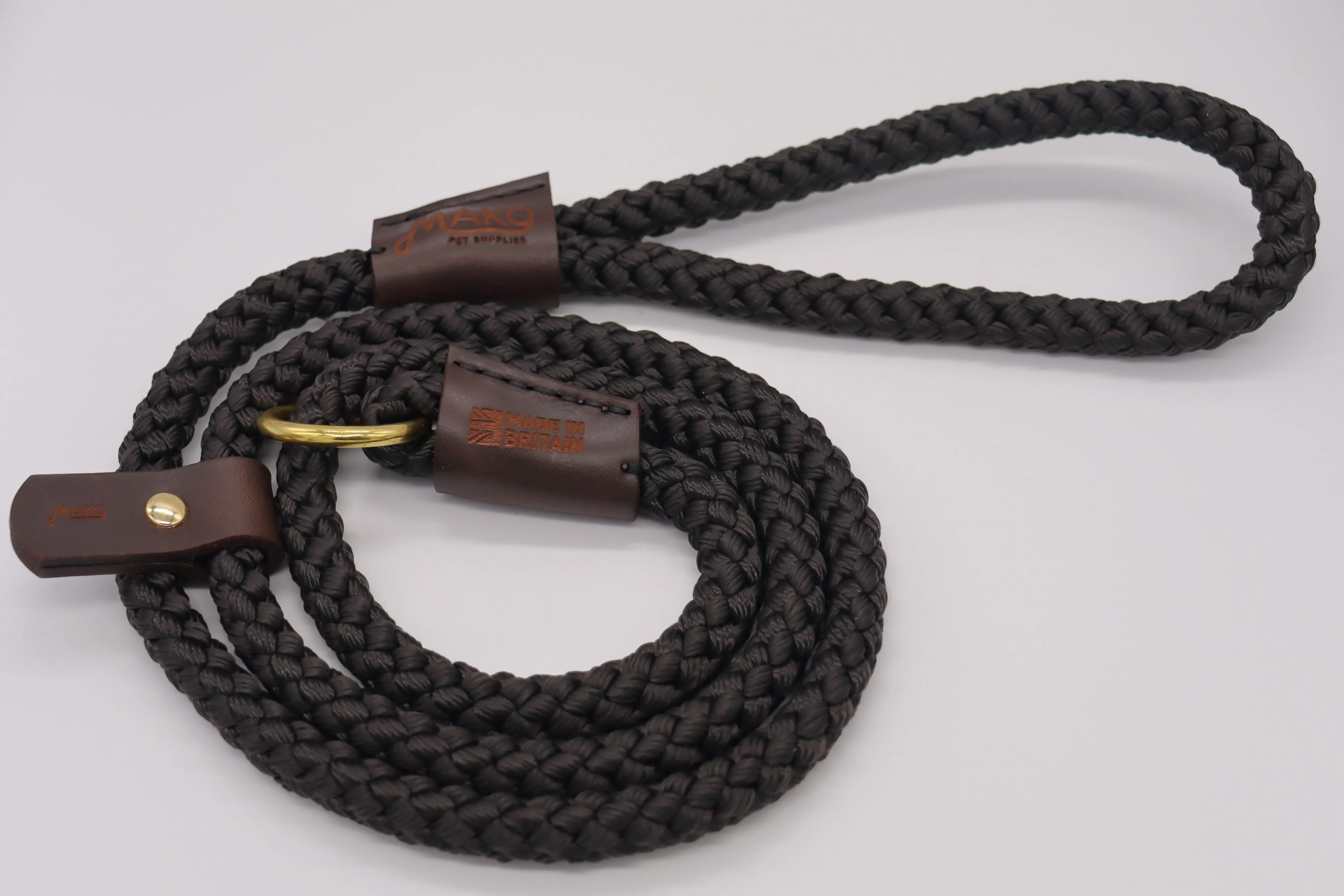 Handmade Traditional Gundog Slip Lead - Solid Brass and Leather with Black or Olive Nylon Rope