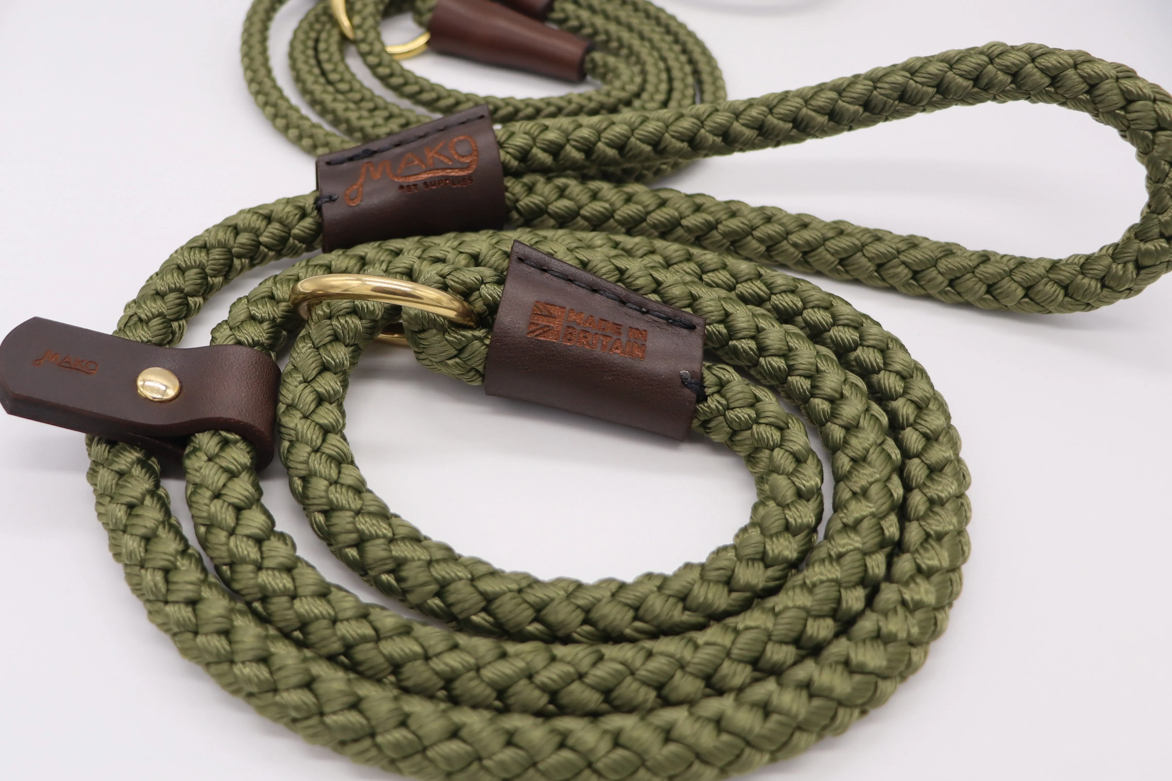 Handmade Traditional Gundog Slip Lead - Solid Brass and Leather with Black or Olive Nylon Rope