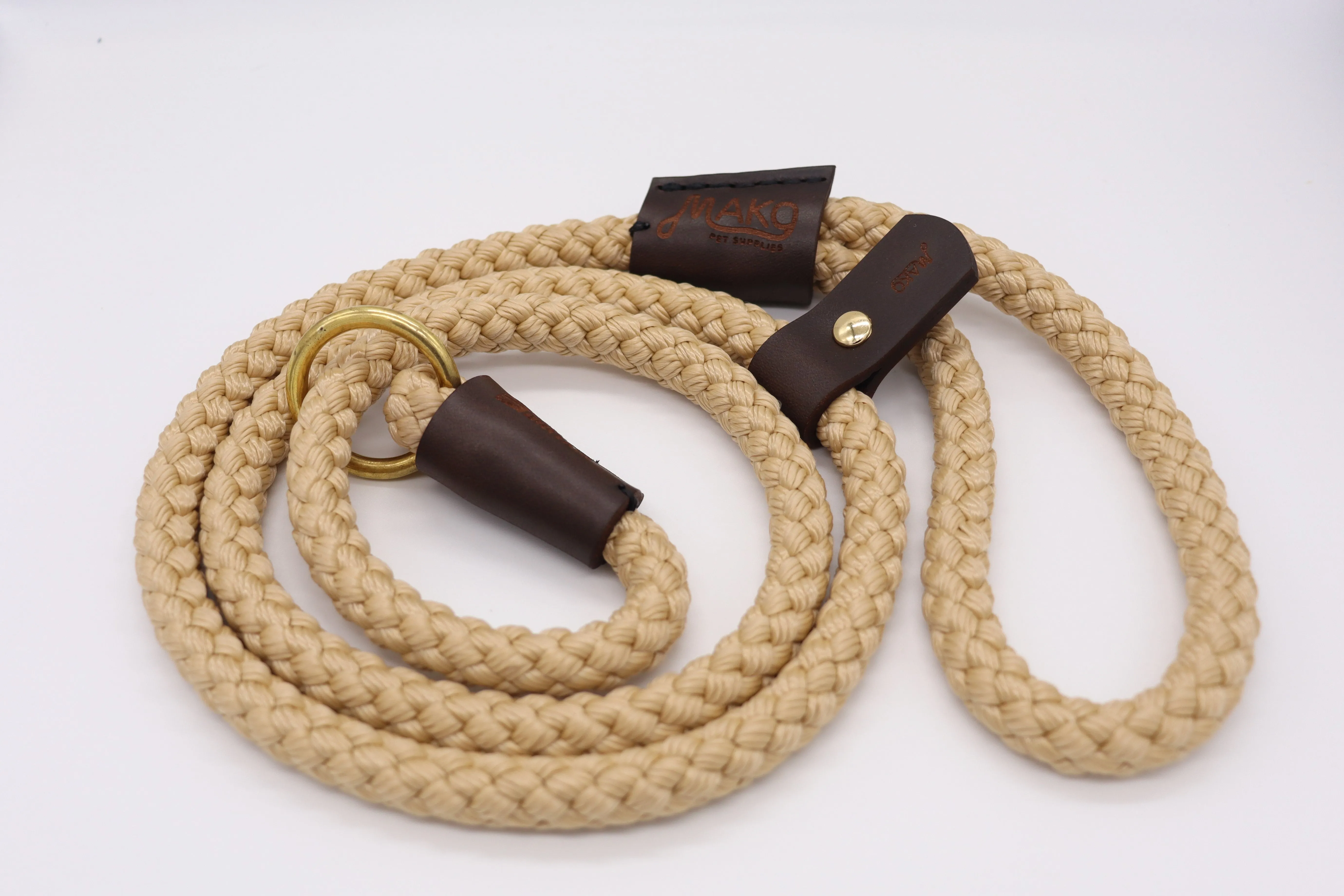 Handmade Traditional Gundog Slip Lead - Solid Brass and Leather with Black or Olive Nylon Rope