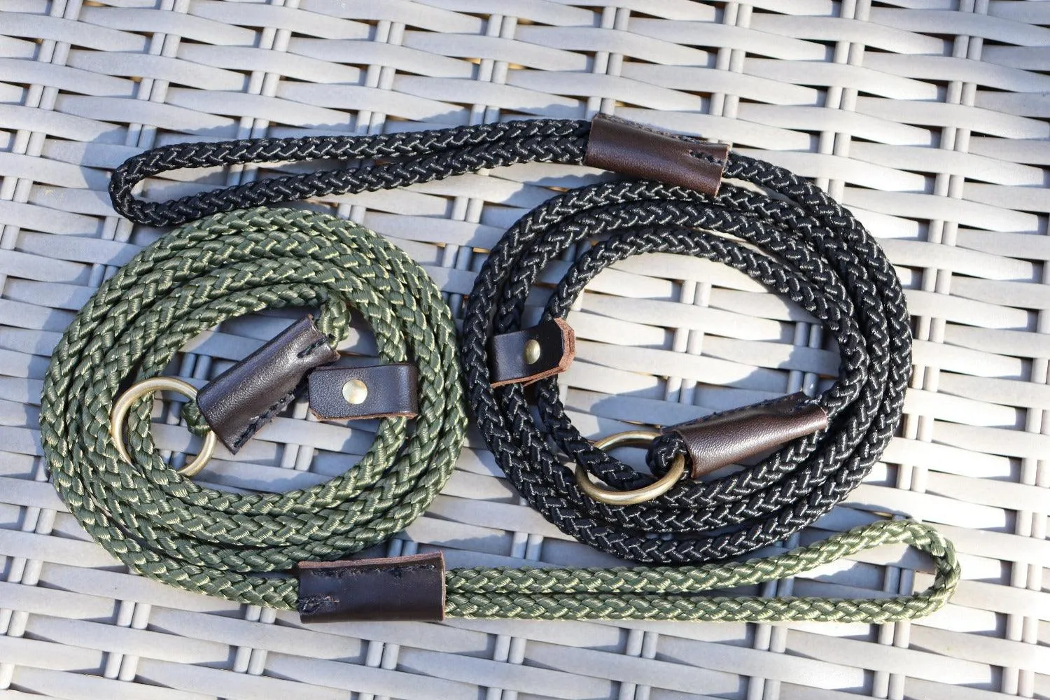 Handmade Traditional Gundog Slip Lead - Solid Brass and Leather with Black or Olive Nylon Rope