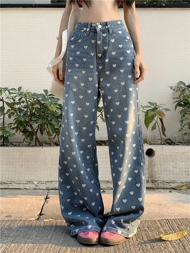 Heart Print Y2K Baggy Casual Wide Leg Jeans