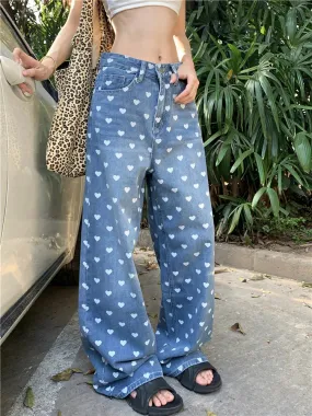 Heart Print Y2K Baggy Casual Wide Leg Jeans