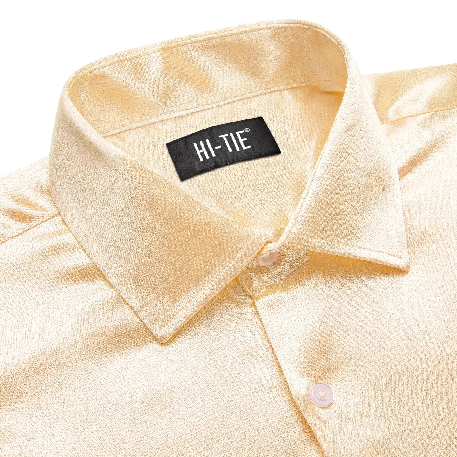 Hi-Tie Pale Yellow Solid Satin Silk Men Long Sleeve Dress Shirt