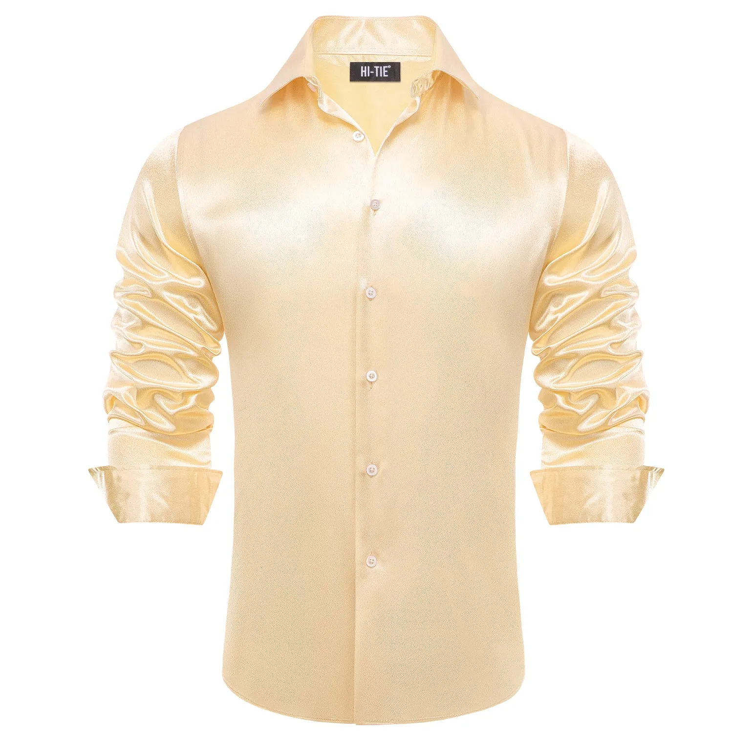 Hi-Tie Pale Yellow Solid Satin Silk Men Long Sleeve Dress Shirt