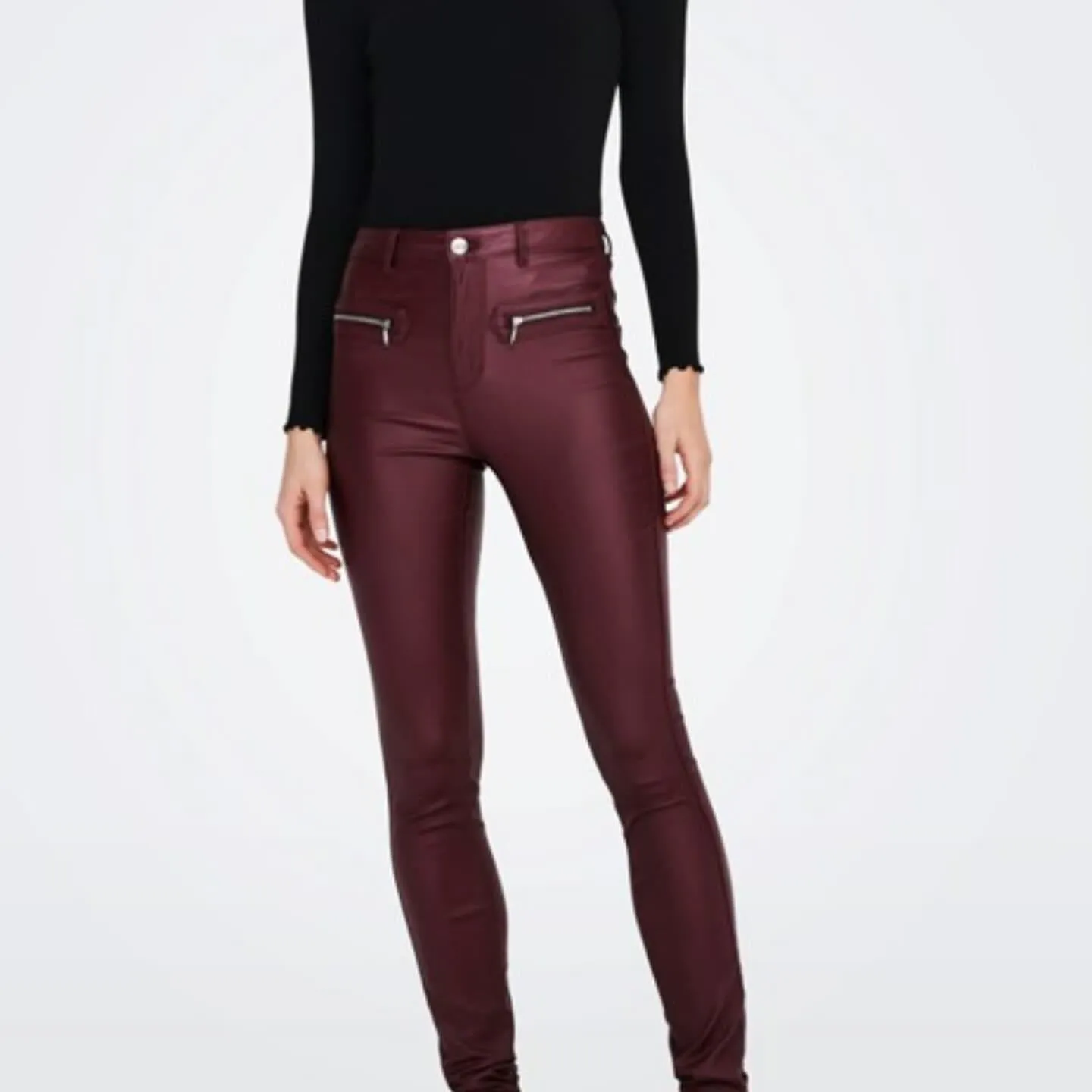 High Waist Burgundy PU Jeans