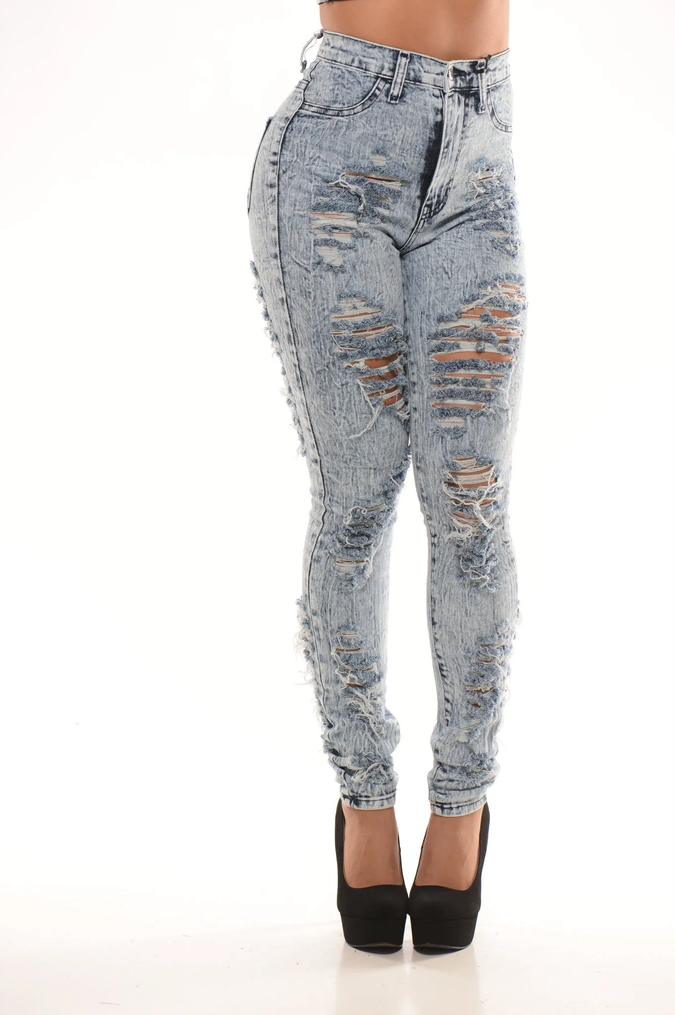 High Waisted Multi Distressed ACID Wash Denim - Medium Blue