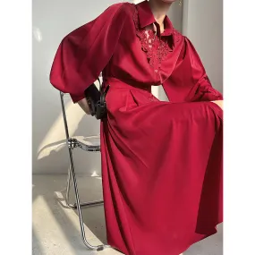 Huanzi custom embroidery hollow lace square collar red sexy midi dress - Buoem