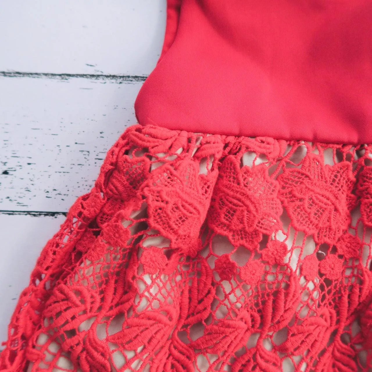 Iris Dress in Red Neoprene and Red Floral Lace