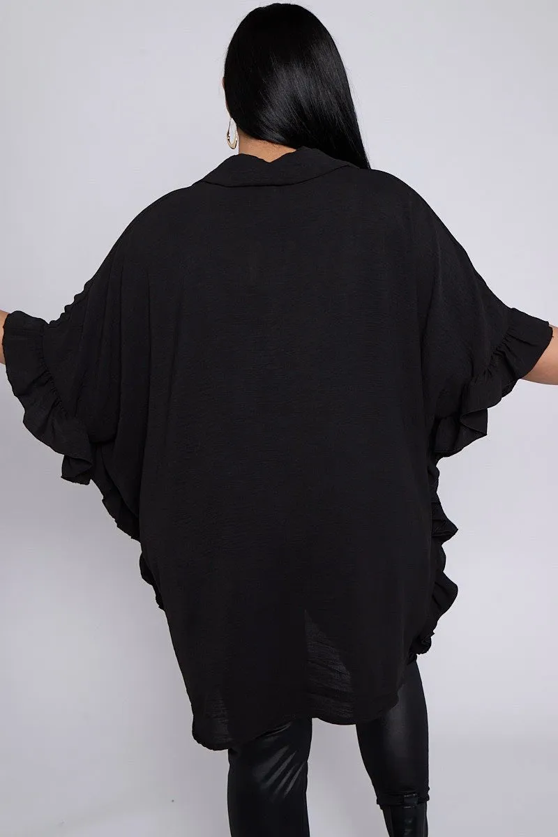 Isla PLUS SIZE Black Button Through Short Sleeve Shirt With Frill Side Detail