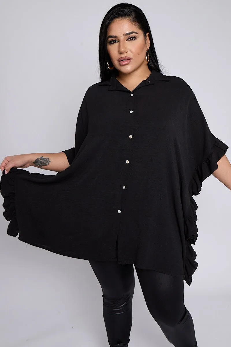 Isla PLUS SIZE Black Button Through Short Sleeve Shirt With Frill Side Detail