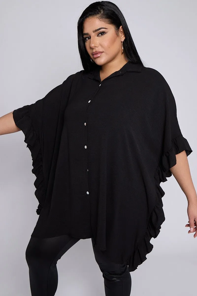 Isla PLUS SIZE Black Button Through Short Sleeve Shirt With Frill Side Detail