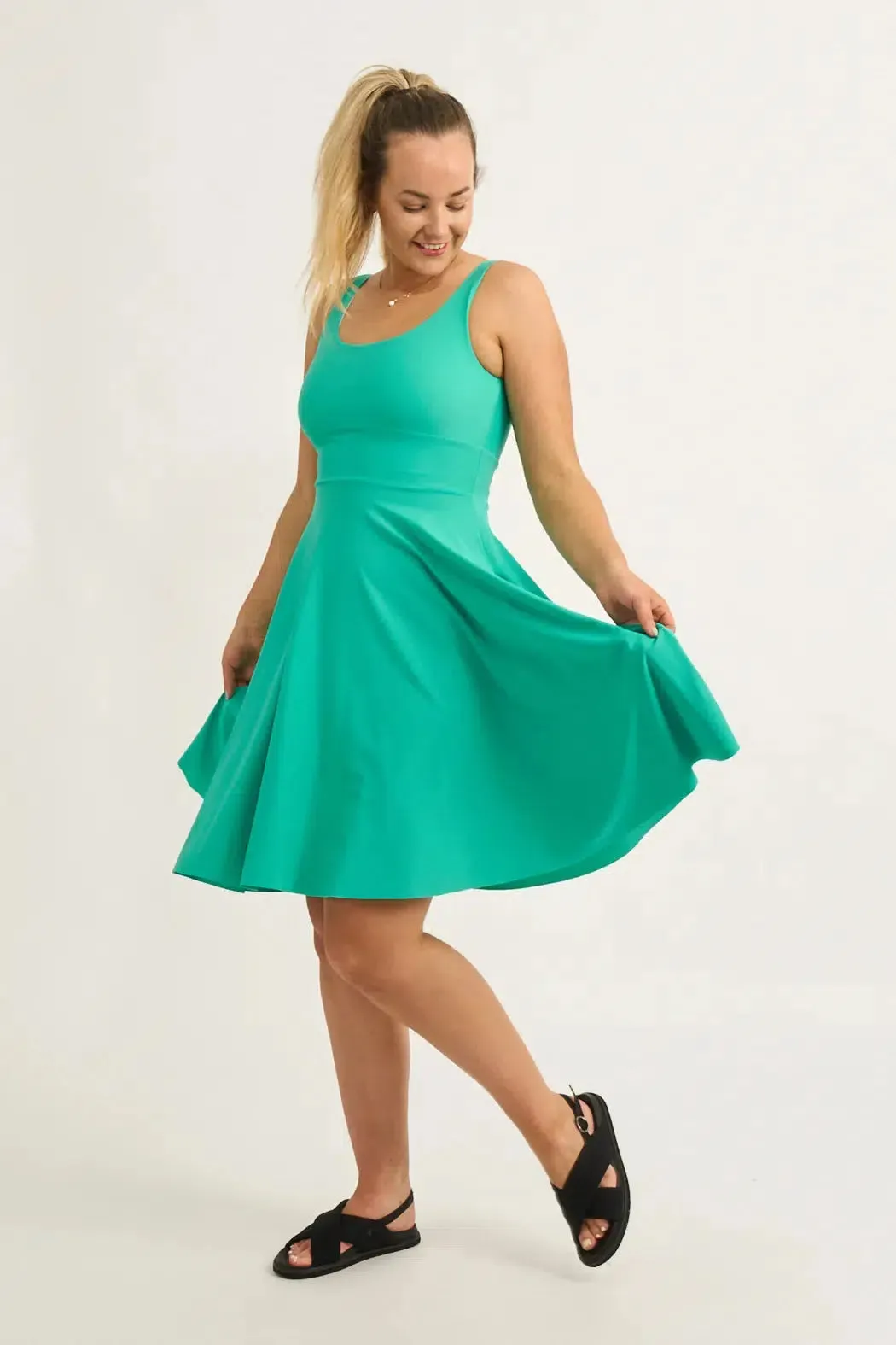 Jade Silky - Scoop Neck Comfort Crop Midi Dress W/ Pockets