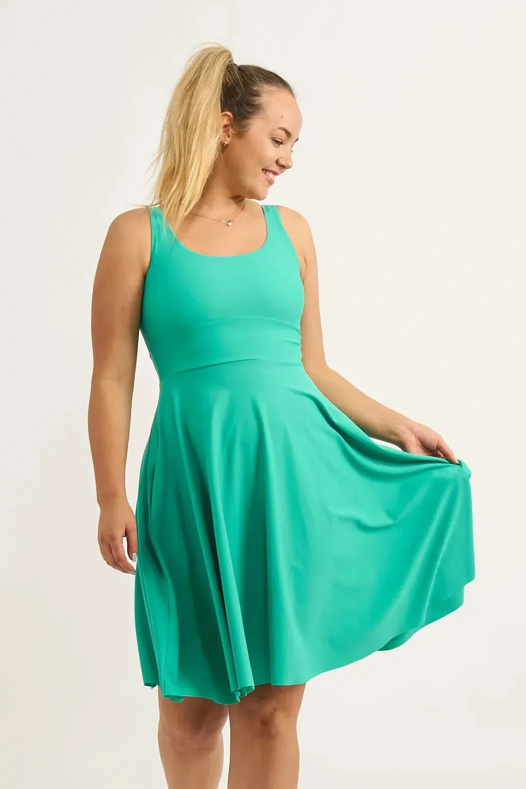 Jade Silky - Scoop Neck Comfort Crop Midi Dress W/ Pockets