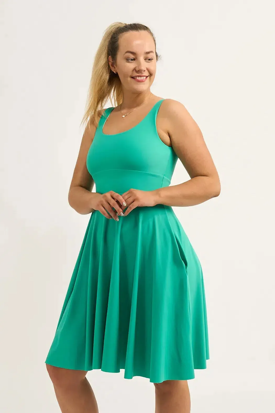 Jade Silky - Scoop Neck Comfort Crop Midi Dress W/ Pockets