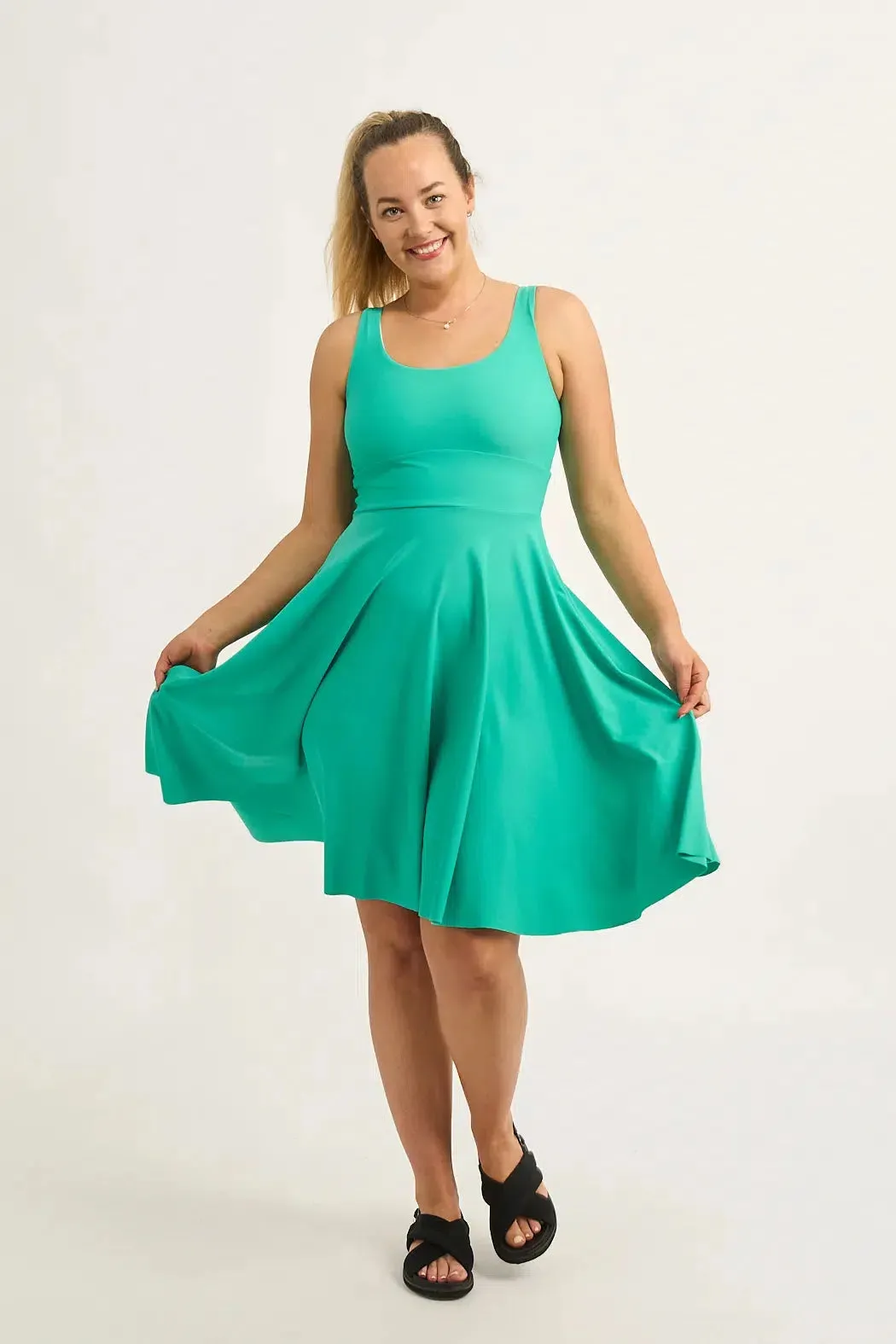 Jade Silky - Scoop Neck Comfort Crop Midi Dress W/ Pockets