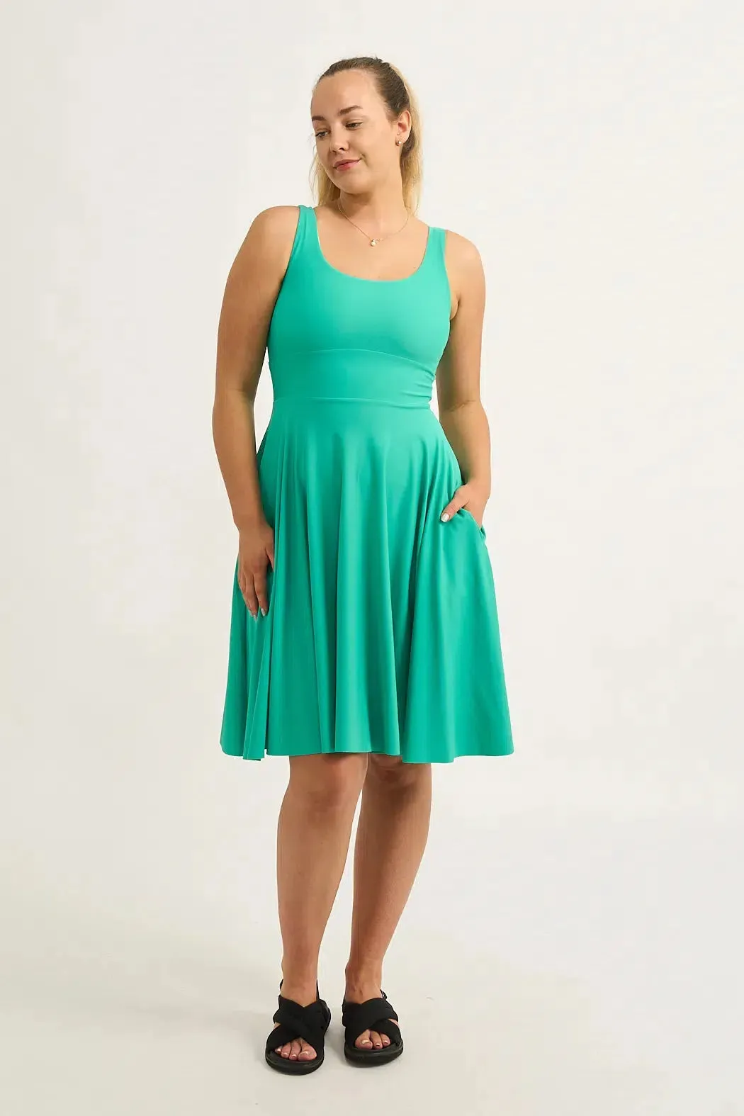 Jade Silky - Scoop Neck Comfort Crop Midi Dress W/ Pockets