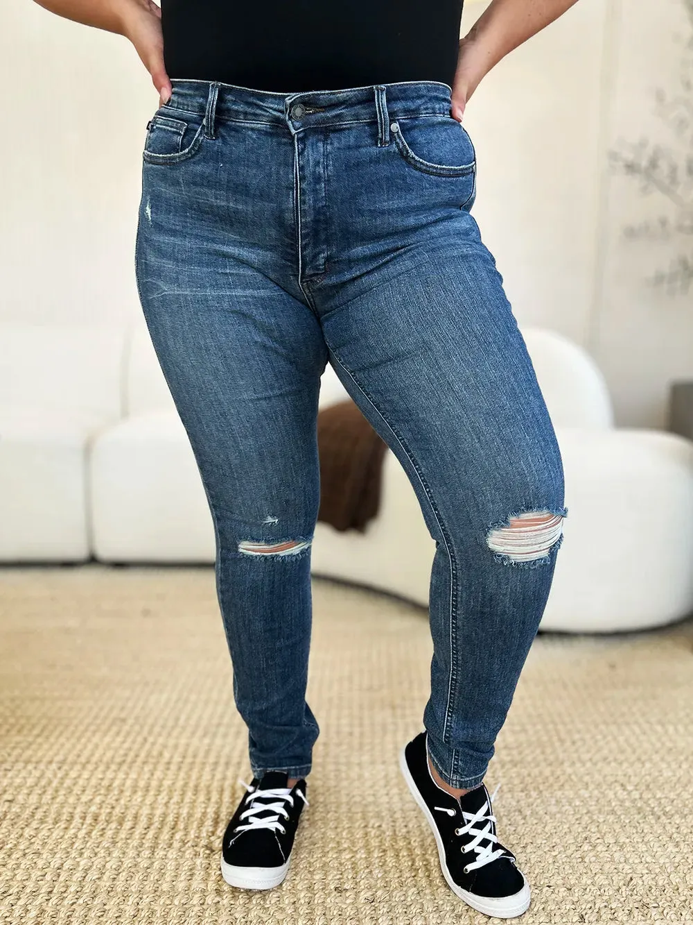 Judy Blue Mid Waist Distressed Slim Jeans