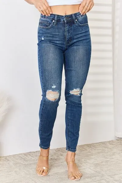 Judy Blue Mid Waist Distressed Slim Jeans