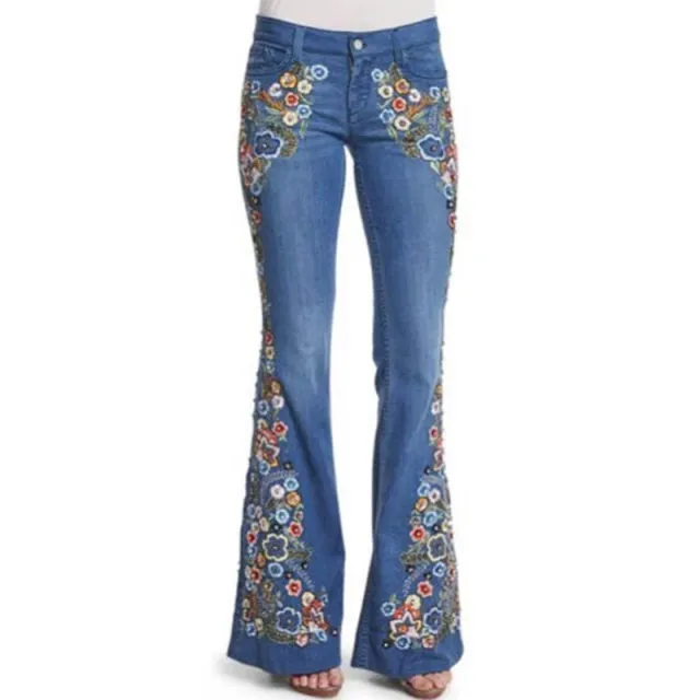 KittenAlarm - Trends Hot Sale Women Embroidered Bell Bottoms Skinny Jeans Floral Flared Jeans Ladies Spring Casual Denim Pants XS-4XL