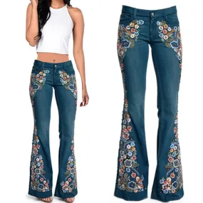 KittenAlarm - Trends Hot Sale Women Embroidered Bell Bottoms Skinny Jeans Floral Flared Jeans Ladies Spring Casual Denim Pants XS-4XL