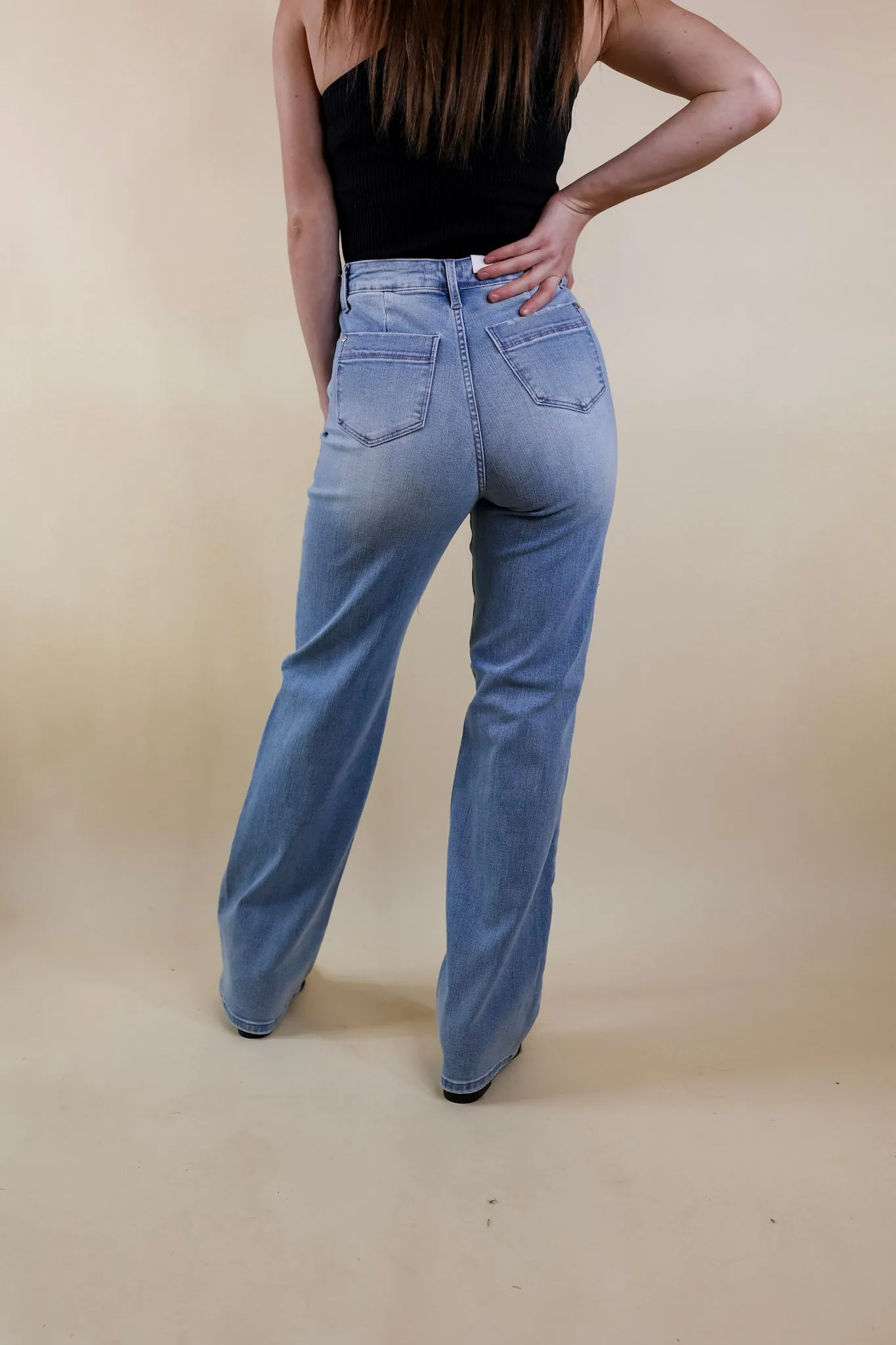 Last Chance Size 15, 18W,  22W & 24W | Judy Blue | Touched My Soul Wide Leg Jeans with Pocket Details in Light Wash