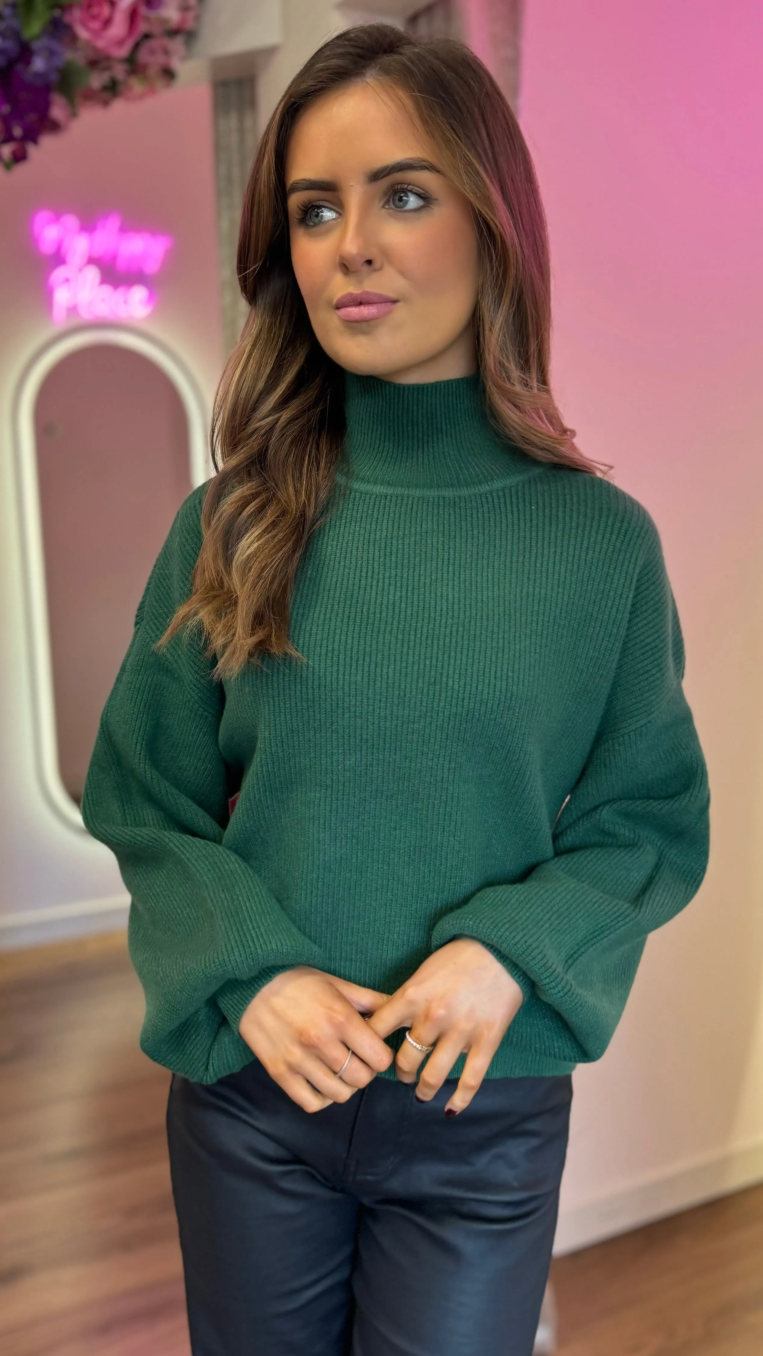 Lauryn Green Ribbed High Neck Jumper