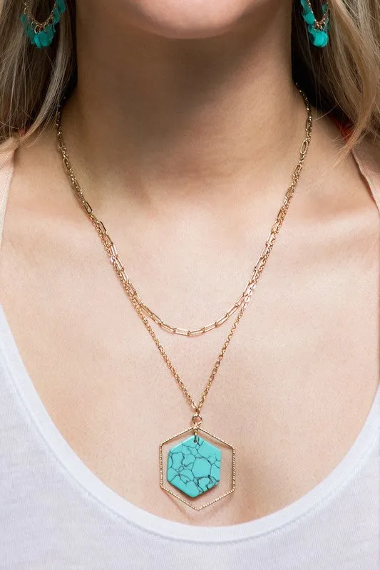 Layered Hexagon Stone Pendant Necklace